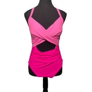 EOMENIE Pink Colorblock Cut-Out One Piece Swimsuit Monokini Cross Front Size M